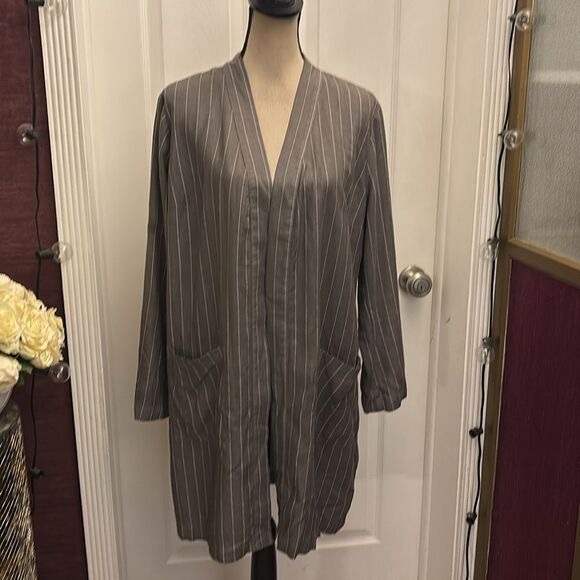 120% lino Striped Gray open front linen Cardigan, L - Picture 4 of 12